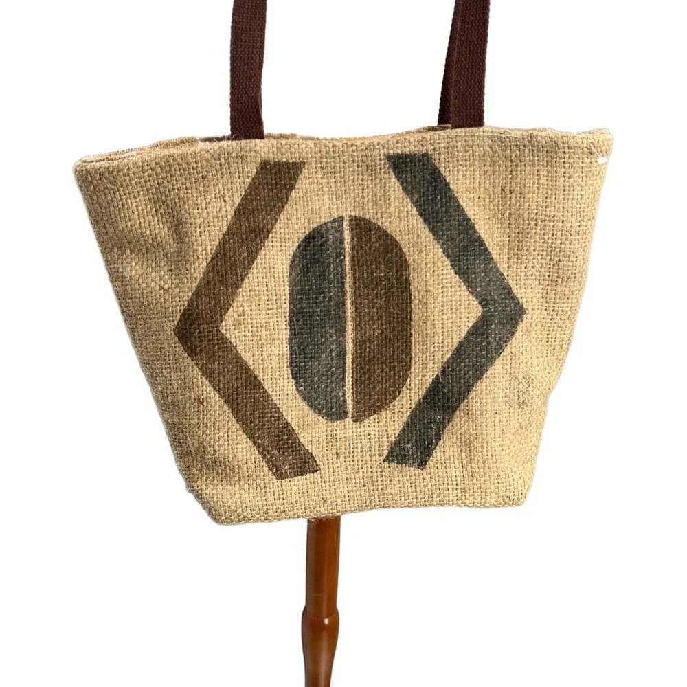 Helen Troy Bag‎ Brown Straps Jute Printed Logo Coffee Bean Tote Style - Picture 4 of 8